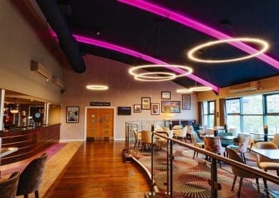 Bespoke restaurant and lounge furniture in bright tones, rich textures and contemporary style for a stylish day-to-night venue.