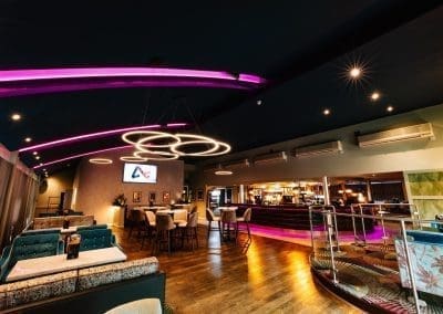 Bespoke restaurant and lounge furniture in bright tones, rich textures and contemporary style for a stylish day-to-night venue.