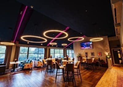 Bespoke restaurant and lounge furniture in bright tones, rich textures and contemporary style for a stylish day-to-night venue.
