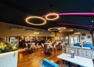 Bespoke restaurant and lounge furniture in bright tones, rich textures and contemporary style for a stylish day-to-night venue.