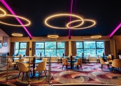 Bespoke restaurant and lounge furniture in bright tones, rich textures and contemporary style for a stylish day-to-night venue.